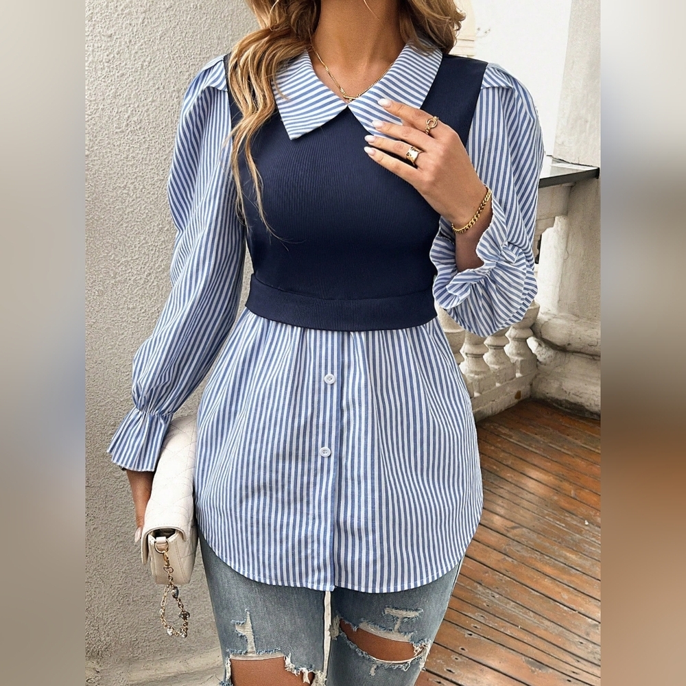 Striped Blue Button-Down Shirt with Navy Knit Overlay - Picture 3 of 4